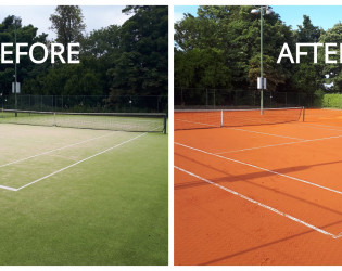 An image showing what this tennis court looked like before we worked on it when it was just grass and what it looks like after we worked on it with a new An image of a tennis pitch we created with match clay base to it